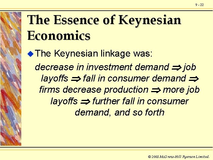 9 - 22 The Essence of Keynesian Economics u The Keynesian linkage was: decrease