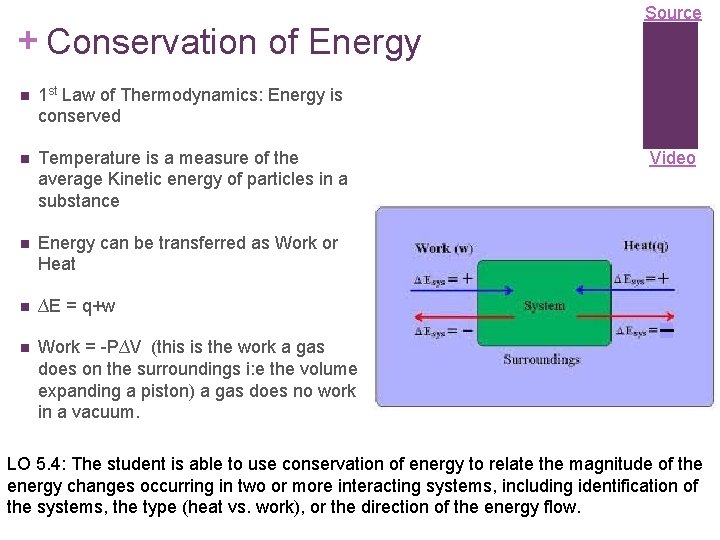 + Conservation of Energy n 1 st Law of Thermodynamics: Energy is conserved n