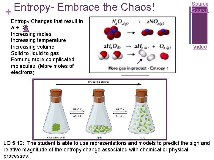 Entropy- Embrace the Chaos! + Entropy Changes that result in a + S: Increasing