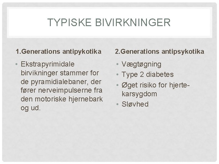 TYPISKE BIVIRKNINGER 1. Generations antipykotika 2. Generations antipsykotika • Ekstrapyrimidale birvikninger stammer for de