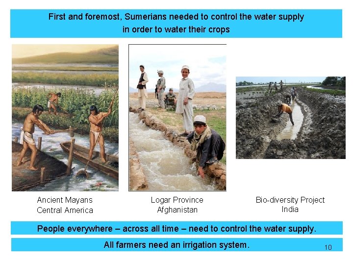 First and foremost, Sumerians needed to control the water supply in order to water First and foremost, Sumerians needed to control the water supply in order to water