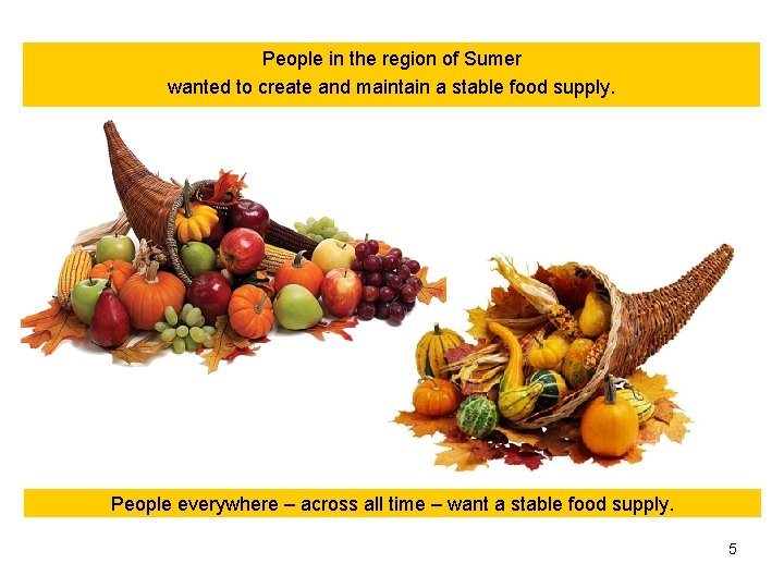 People in the region of Sumer wanted to create and maintain a stable food People in the region of Sumer wanted to create and maintain a stable food