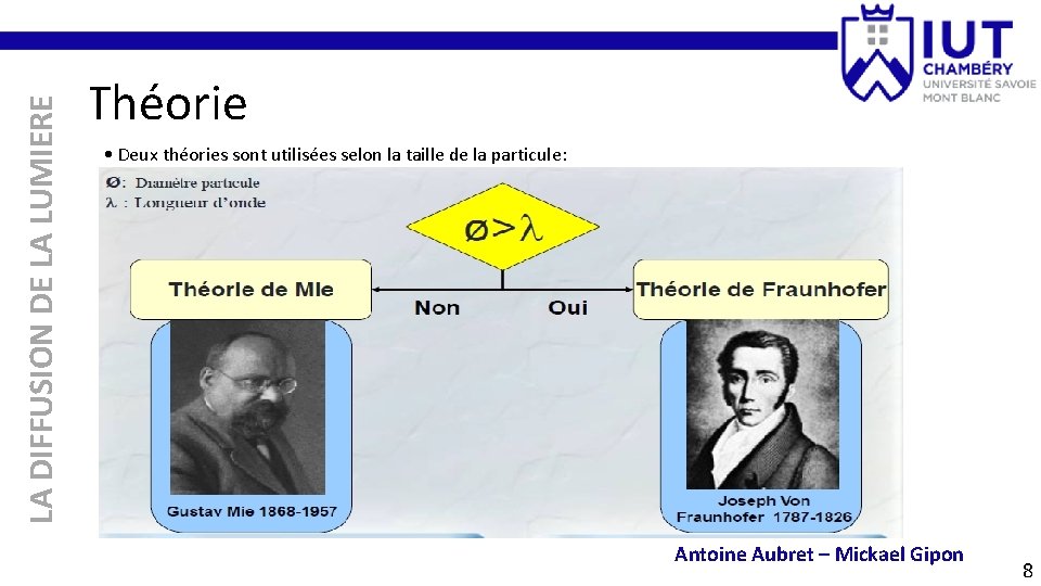 LA DIFFUSION DE LA LUMIERE Théorie • Deux théories sont utilisées selon la taille