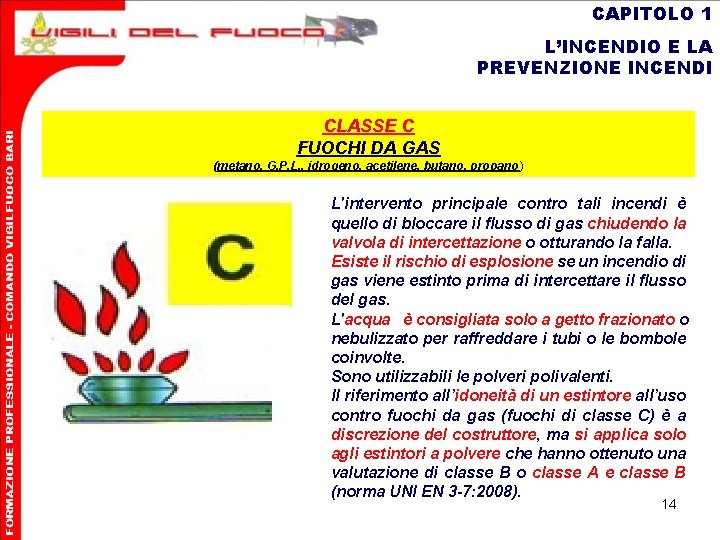 CAPITOLO 1 L’INCENDIO E LA PREVENZIONE INCENDI CLASSE C FUOCHI DA GAS (metano, G.