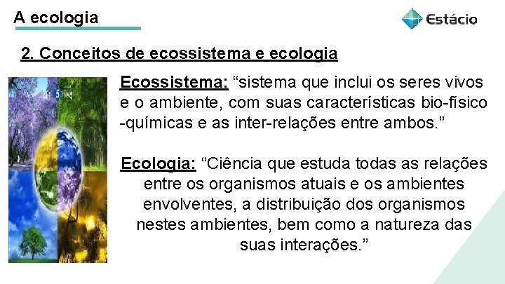 A ecologia 2. Conceitos de ecossistema e ecologia Ecossistema: “sistema que inclui os seres