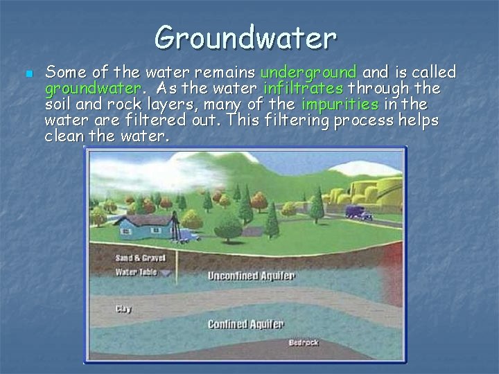 Groundwater n Some of the water remains underground and is called groundwater. As the