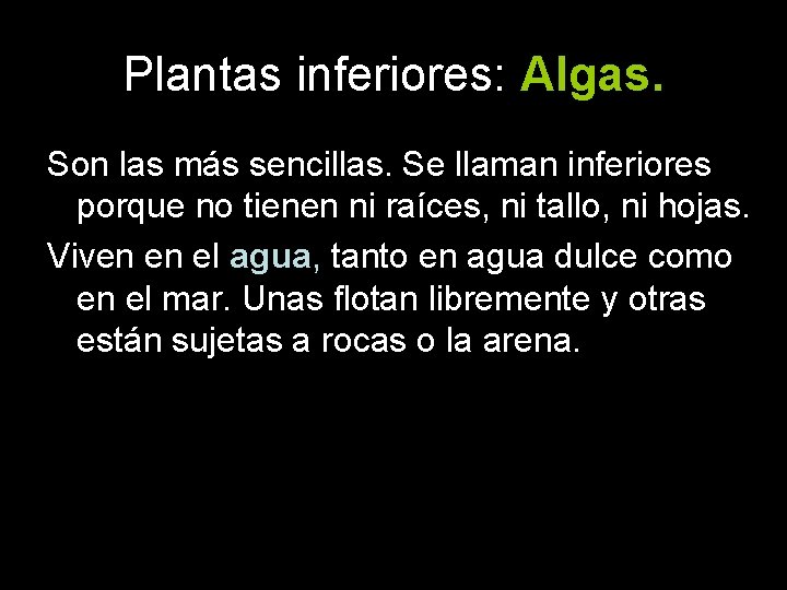 Plantas inferiores: Algas. Son las más sencillas. Se llaman inferiores porque no tienen ni