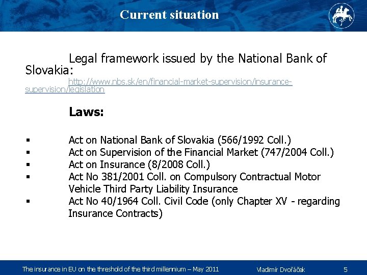 Current situation Legal framework issued by the National Bank of Slovakia: http: //www. nbs.