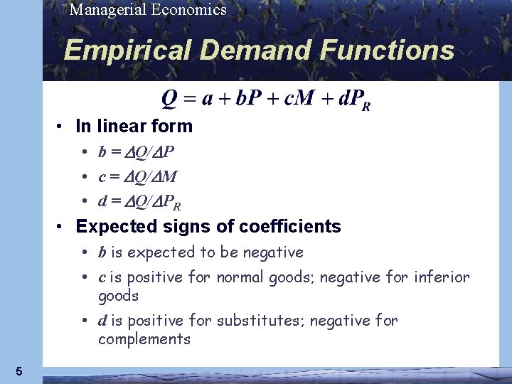 Managerial Economics Empirical Demand Functions • In linear form • b = Q/ P