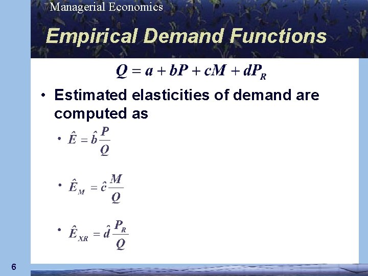 Managerial Economics Empirical Demand Functions • Estimated elasticities of demand are computed as 6