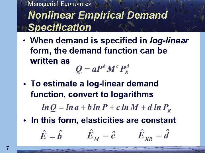 Managerial Economics Nonlinear Empirical Demand Specification • When demand is specified in log-linear form,