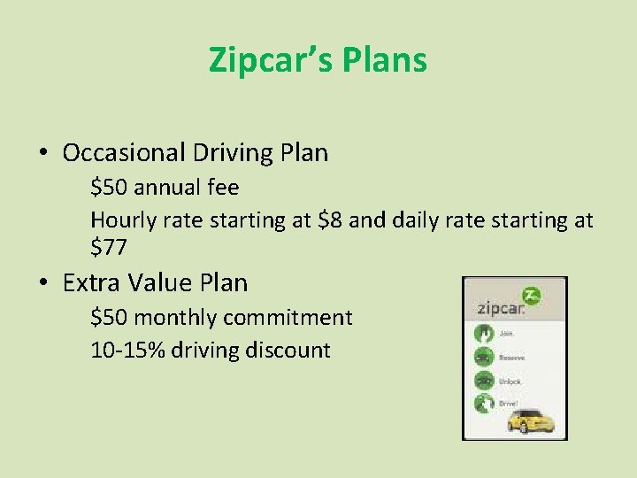 Zipcar’s Plans • Occasional Driving Plan $50 annual fee Hourly rate starting at $8