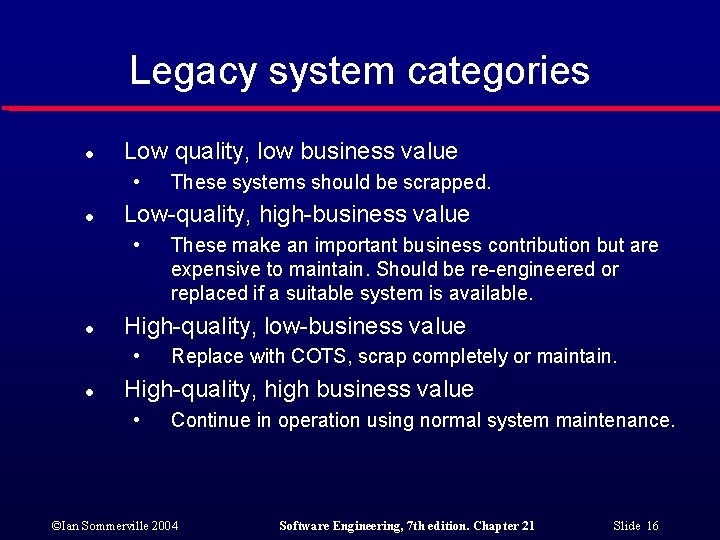 Legacy system categories l Low quality, low business value • l Low-quality, high-business value