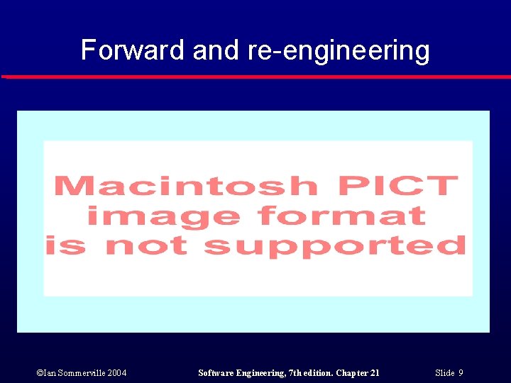 Forward and re-engineering ©Ian Sommerville 2004 Software Engineering, 7 th edition. Chapter 21 Slide