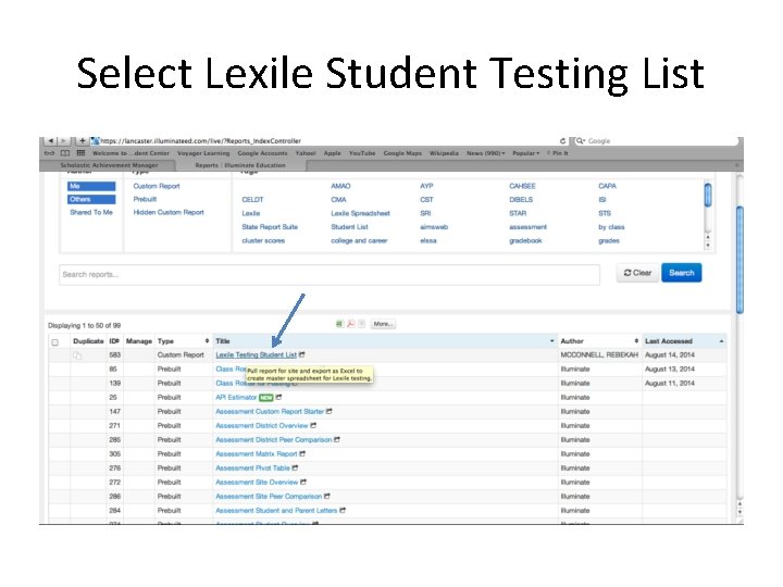 Select Lexile Student Testing List 