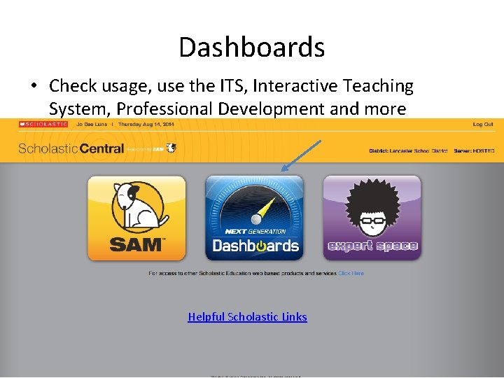 Dashboards • Check usage, use the ITS, Interactive Teaching System, Professional Development and more