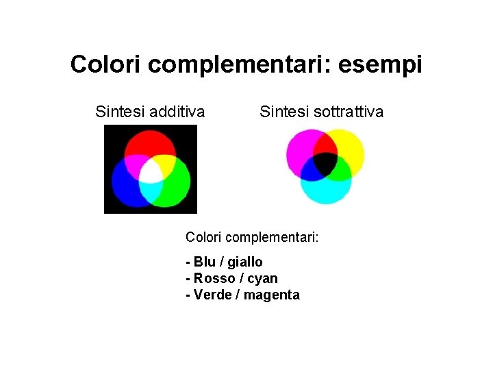 Colori complementari: esempi Sintesi additiva Sintesi sottrattiva Colori complementari: - Blu / giallo -