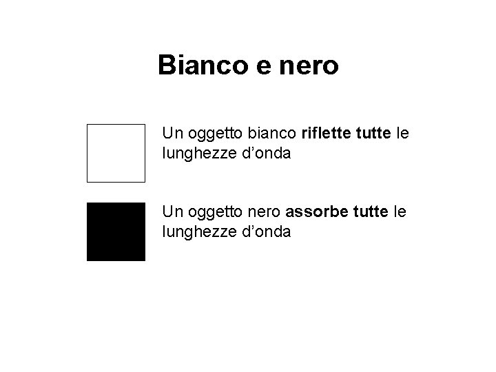 Bianco e nero Un oggetto bianco riflette tutte le lunghezze d’onda Un oggetto nero