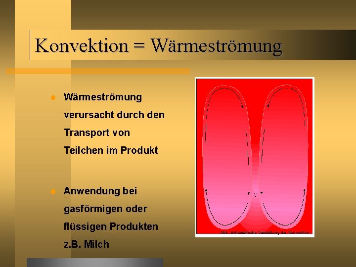 Konvektion = Wärmeströmung verursacht durch den Transport von Teilchen im Produkt Anwendung bei gasförmigen