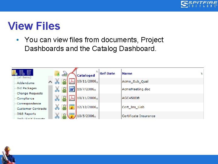 View Files • You can view files from documents, Project Dashboards and the Catalog