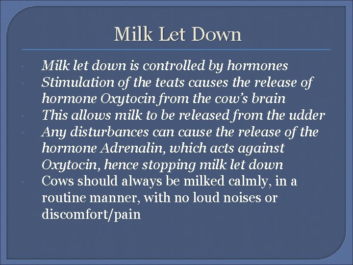 Milk Let Down Milk let down is controlled by hormones Stimulation of the teats