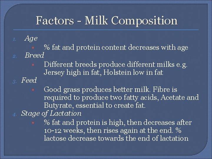 Factors - Milk Composition 1. Age % fat and protein content decreases with age