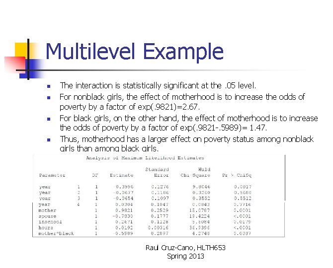 Multilevel Example n n The interaction is statistically significant at the. 05 level. For