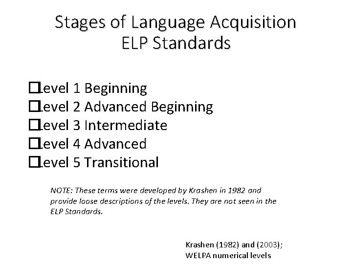 Stages of Language Acquisition ELP Standards �Level 1 Beginning �Level 2 Advanced Beginning �Level