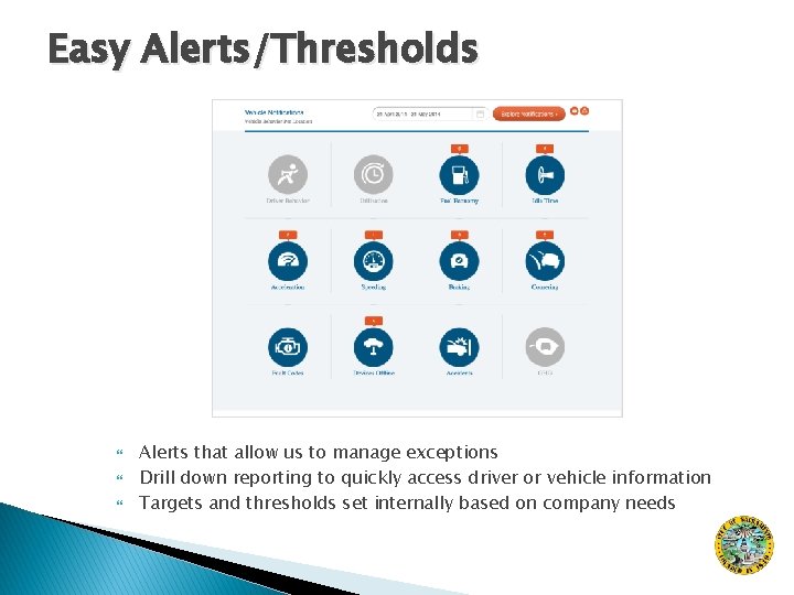 Easy Alerts/Thresholds Alerts that allow us to manage exceptions Drill down reporting to quickly