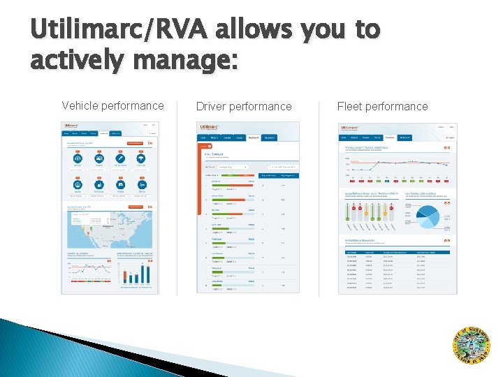 Utilimarc/RVA allows you to actively manage: Vehicle performance Driver performance Fleet performance 