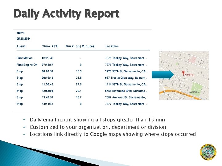 Daily Activity Report Daily email report showing all stops greater than 15 min Customized