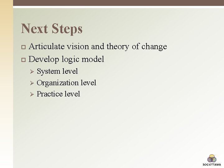Next Steps Articulate vision and theory of change Develop logic model System level Ø