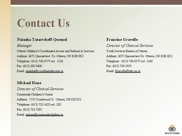 Contact Us Natasha Tatartcheff-Quesnel Francine Gravelle Manager Director of Clinical Services Ottawa Children’s Coordinated
