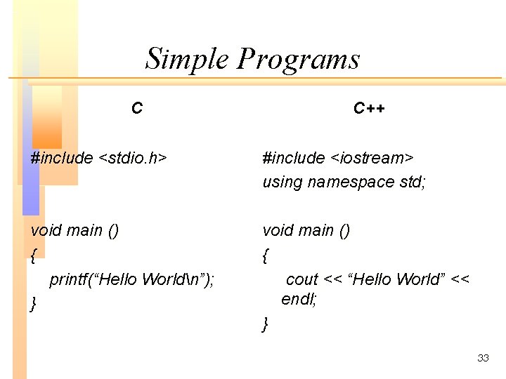 Simple Programs C C++ #include <stdio. h> #include <iostream> using namespace std; void main