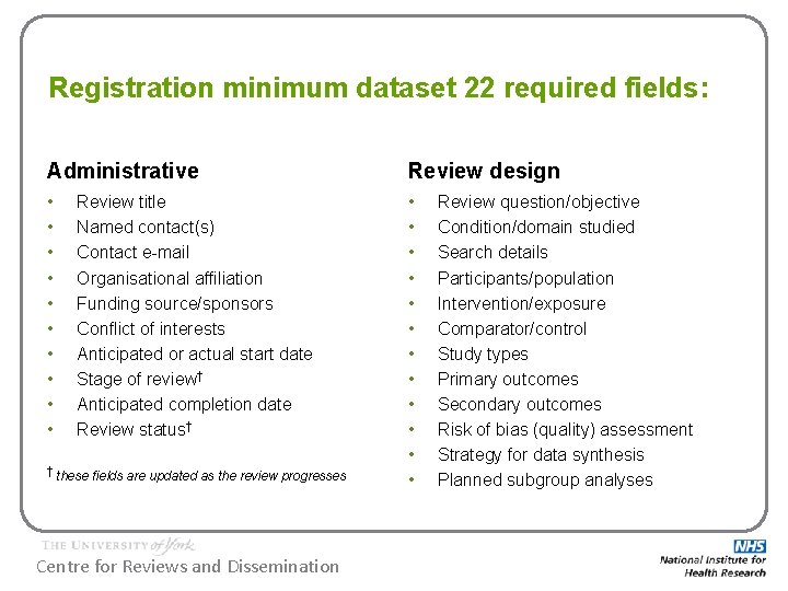 Registration minimum dataset 22 required fields: Administrative Review design • • • • •