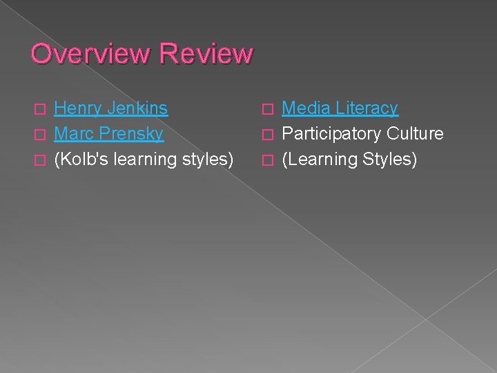 Overview Review Henry Jenkins � Marc Prensky � (Kolb's learning styles) � Media Literacy Overview Review Henry Jenkins � Marc Prensky � (Kolb's learning styles) � Media Literacy