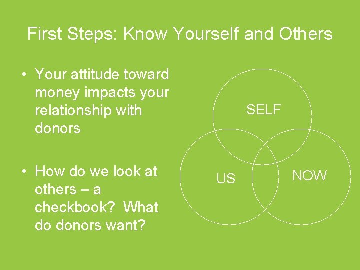 First Steps: Know Yourself and Others • Your attitude toward money impacts your relationship