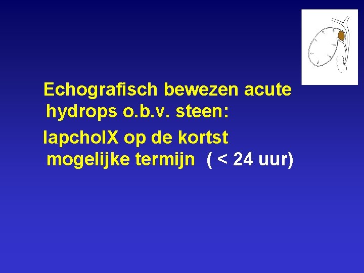 Echografisch bewezen acute hydrops o. b. v. steen: lapchol. X op de kortst mogelijke