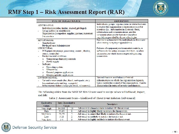RMF Step 1 – Risk Assessment Report (RAR) - 15 - 