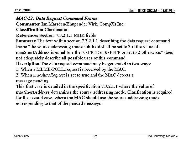 April 2004 doc. : IEEE 802. 15 -<04/0191> MAC-22: Data Request Command Frame Commenter