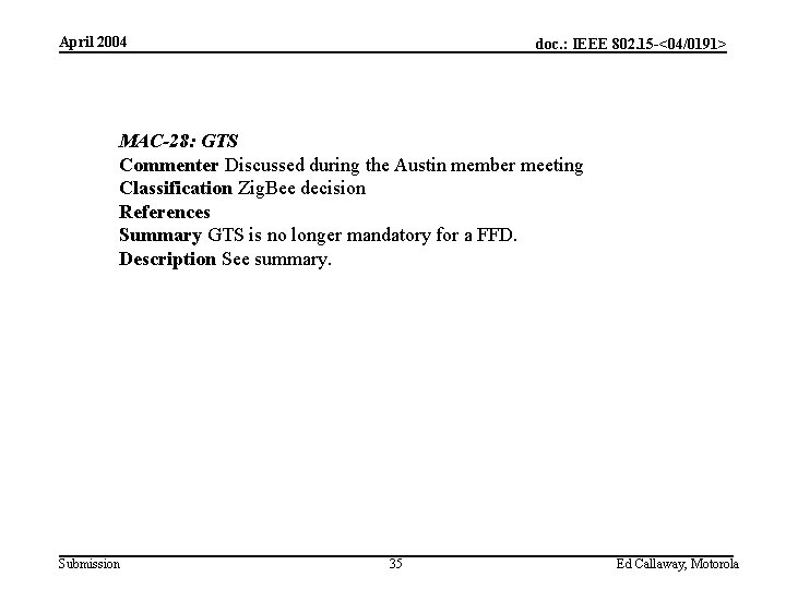 April 2004 doc. : IEEE 802. 15 -<04/0191> MAC-28: GTS Commenter Discussed during the