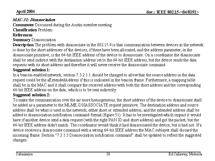 April 2004 doc. : IEEE 802. 15 -<04/0191> MAC-31: Disassociation Commenter Discussed during the