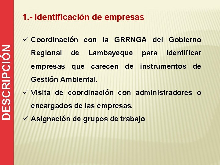 1. - Identificación de empresas DESCRIPCIÓN ü Coordinación con la GRRNGA del Gobierno Regional