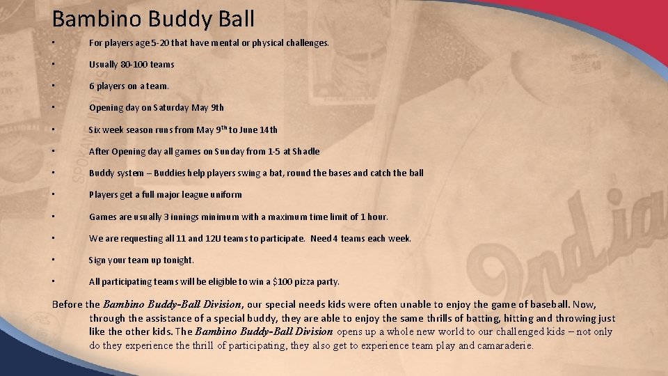 Bambino Buddy Ball • For players age 5 -20 that have mental or physical