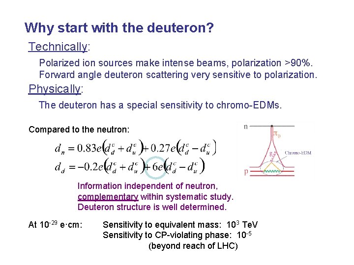 Why start with the deuteron? Technically: Polarized ion sources make intense beams, polarization >90%.