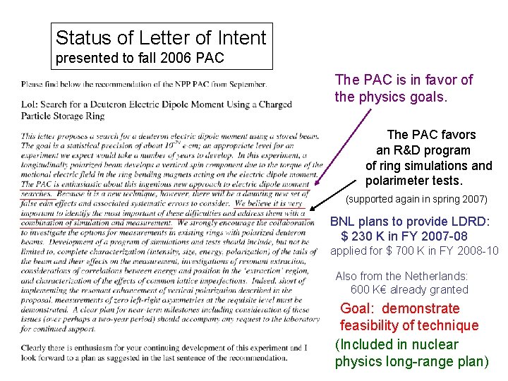 Status of Letter of Intent presented to fall 2006 PAC The PAC is in