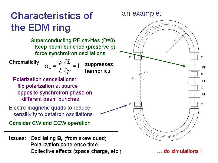 Characteristics of the EDM ring an example: Superconducting RF cavities (D=0) keep beam bunched