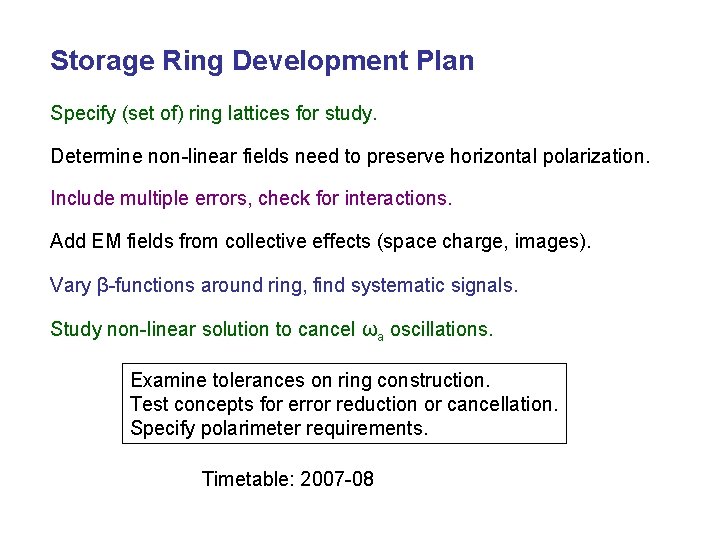 Storage Ring Development Plan Specify (set of) ring lattices for study. Determine non-linear fields