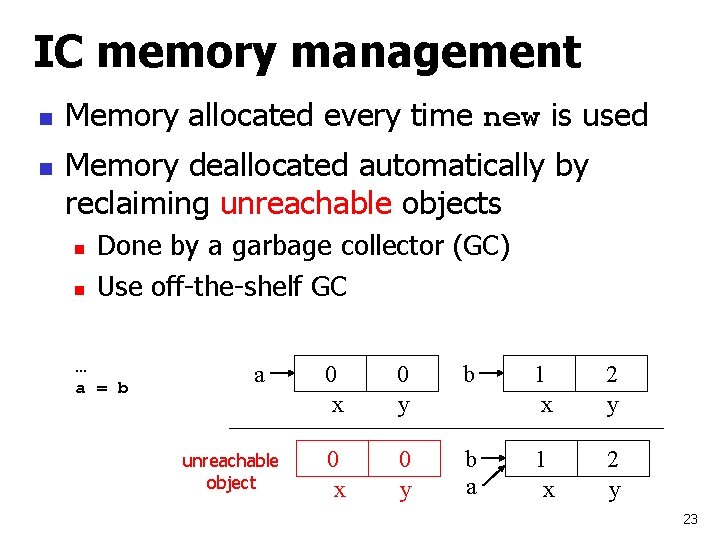 IC memory management n n Memory allocated every time new is used Memory deallocated