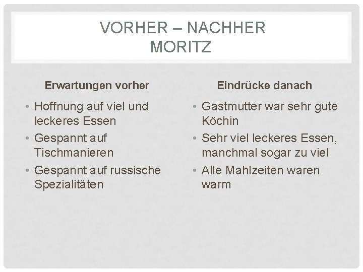 VORHER – NACHHER MORITZ Erwartungen vorher • Hoffnung auf viel und leckeres Essen •